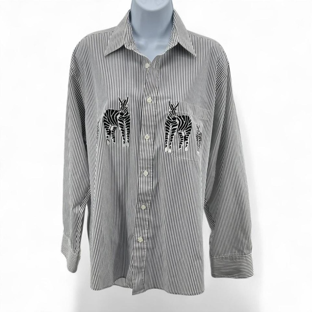MiLi Designs Zebra Embroidered Striped Button Down Shirt Size M Relaxed Fit